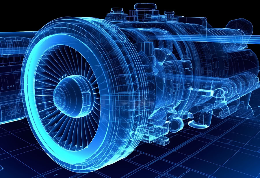 Wireframe rendering of turbojet engine